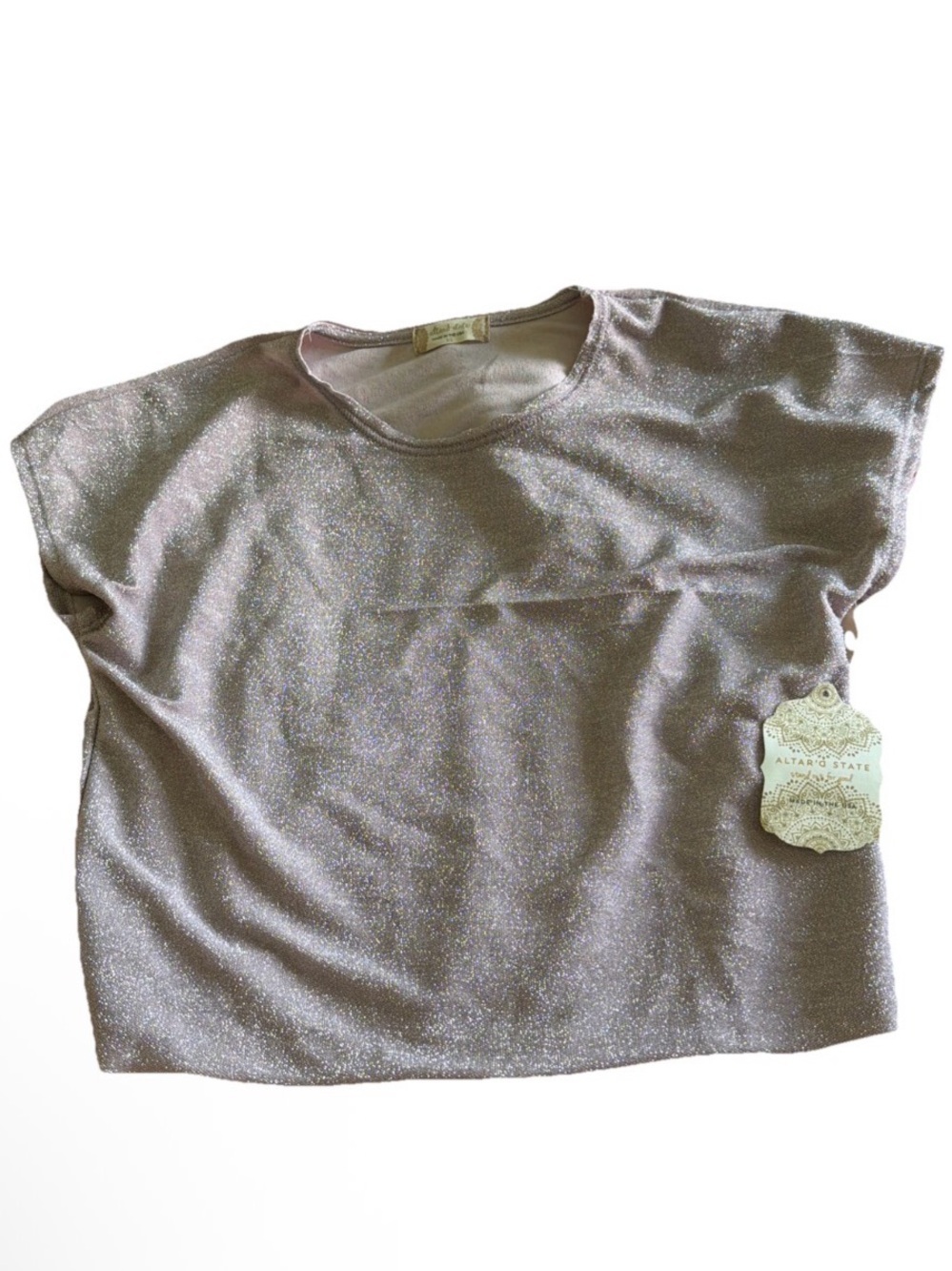 New Altar'd State Burnished Lilac XS Glitter Shimmer Top Summer Short Sleeve